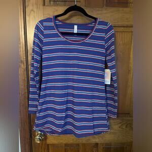 LuLaRoe Lynnae Shirt Long Sleeve Top Blue Red Gray Stripes High Low Scoop XS NWT